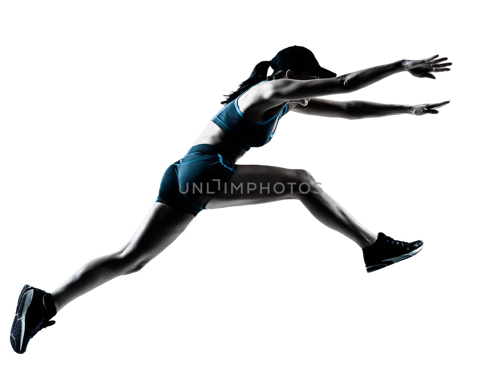 one caucasian woman runner jogger jumping in silhouette studio isolated on white background