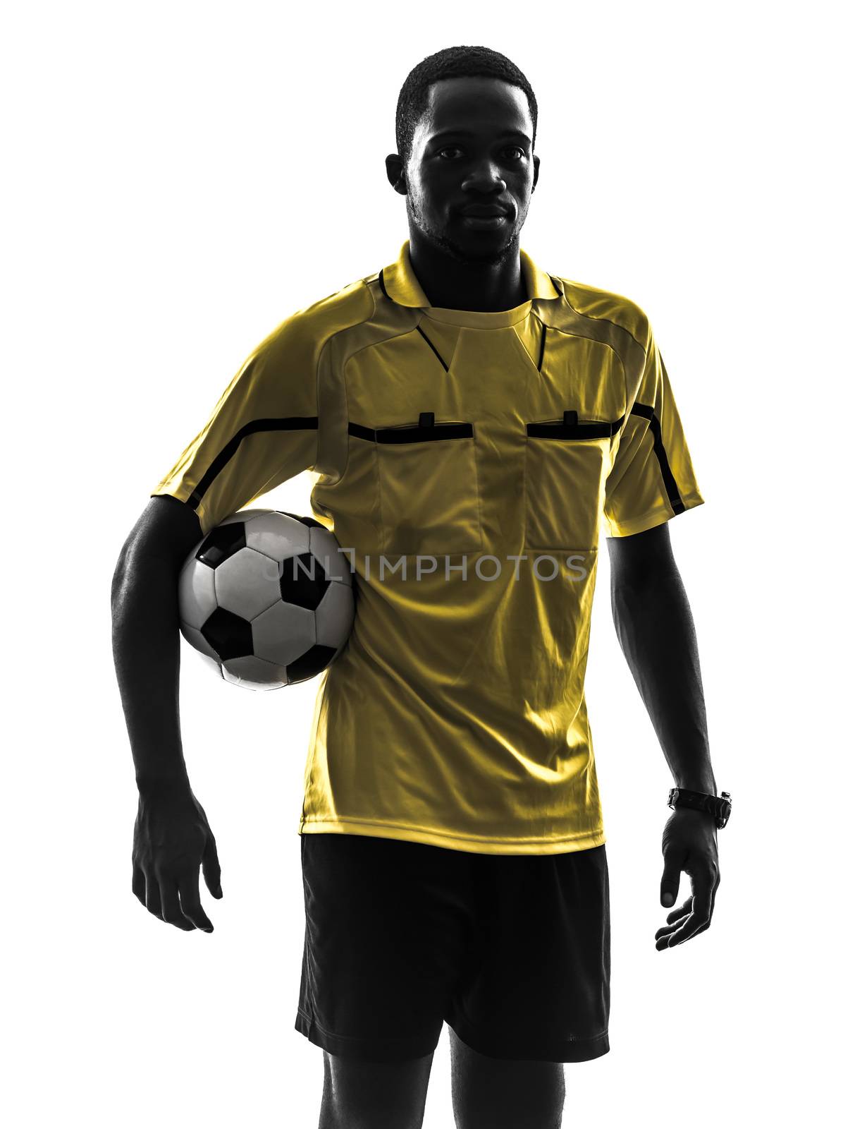 one african man referee standing holding football silhouette by PIXSTILL