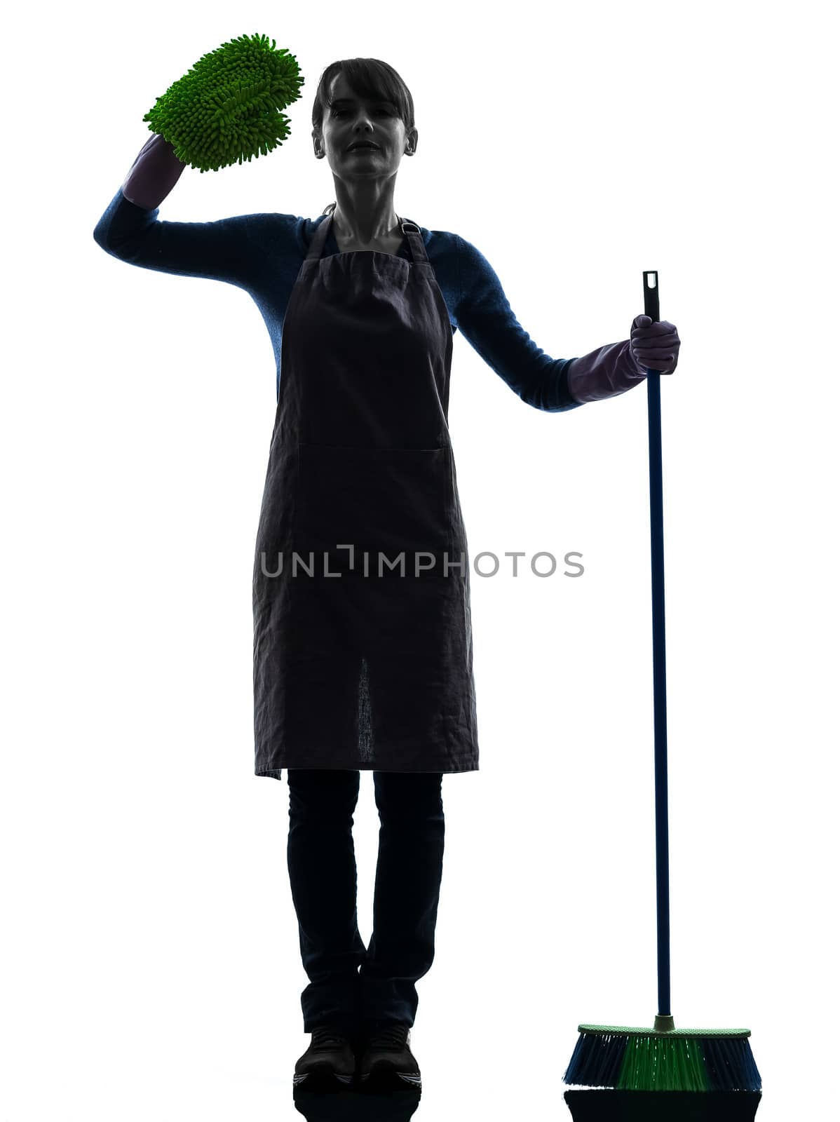 one caucasian woman maid saluting brooming   in silhouette studio isolated on white background