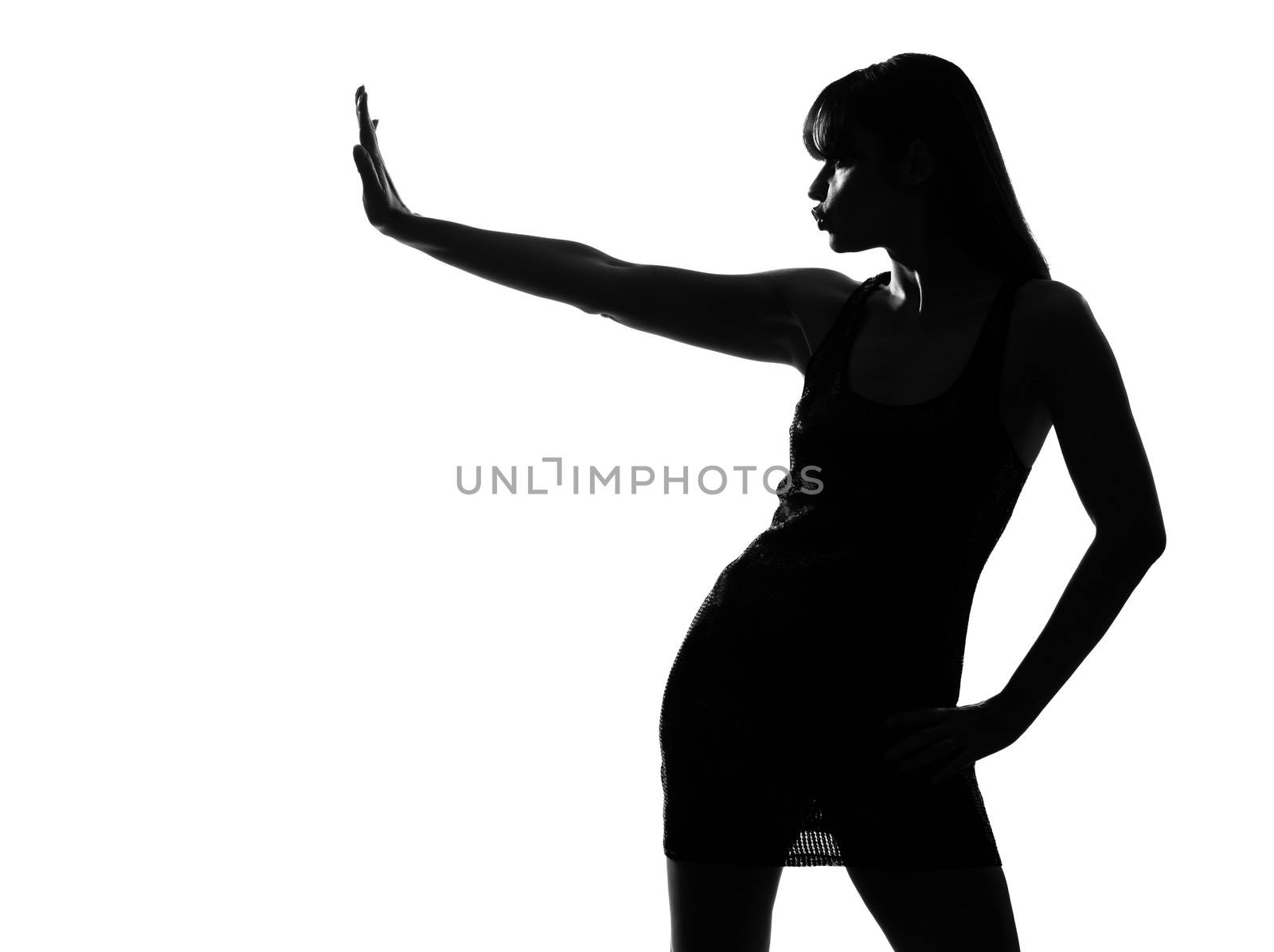 stylish sexy silhouette caucasian beautiful woman stop gesture on studio isolated white background