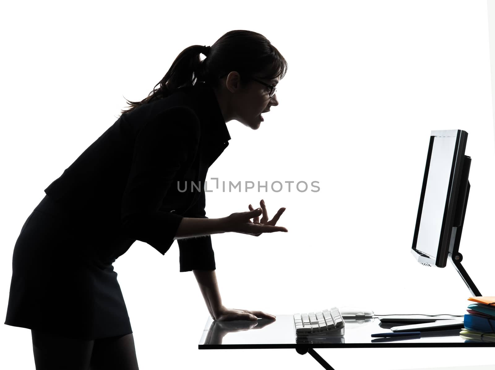 one business woman computer computing serious  silhouette studio isolated on white background