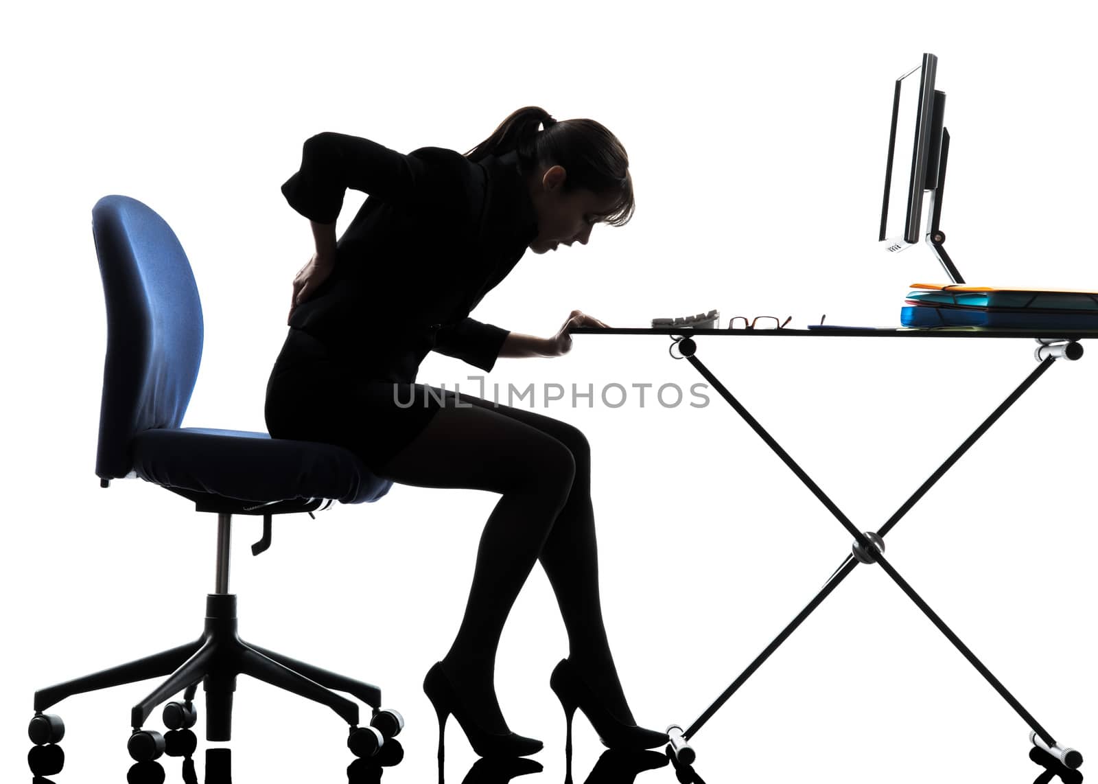 one business woman sitting backache pain silhouette studio isolated on white background