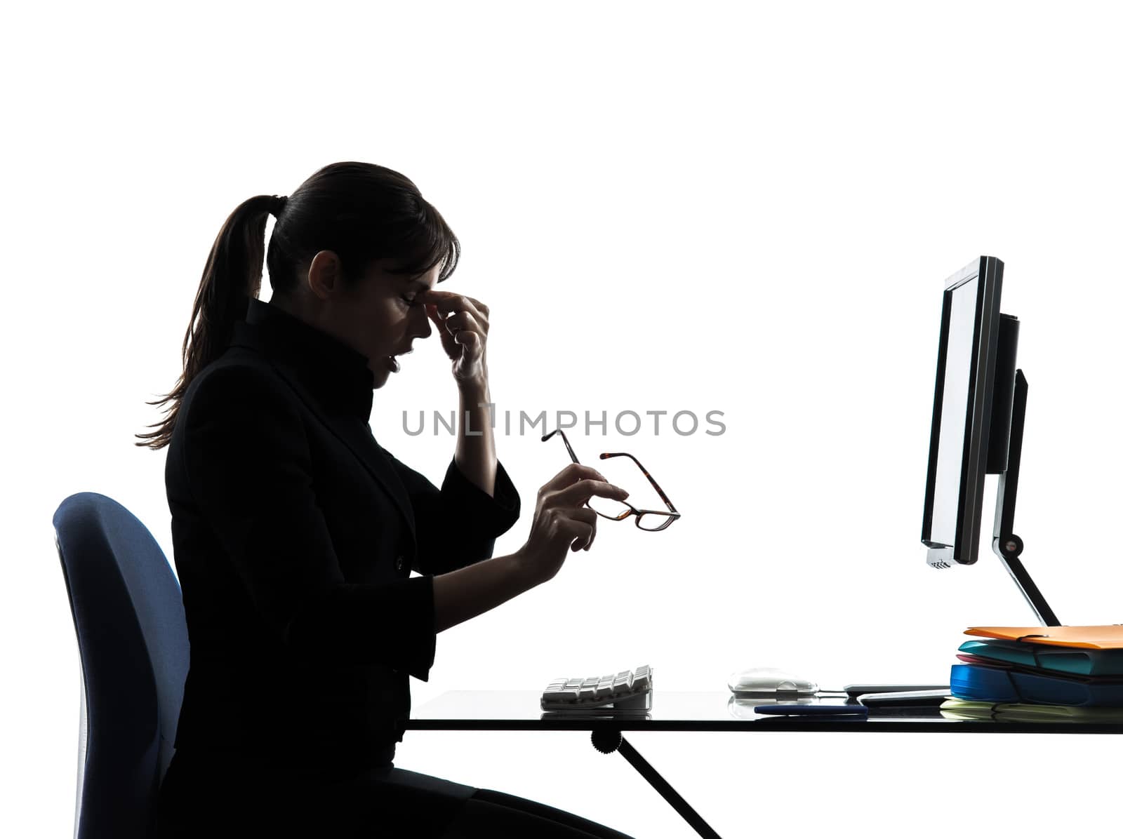 one business woman headache tired  silhouette studio isolated on white background
