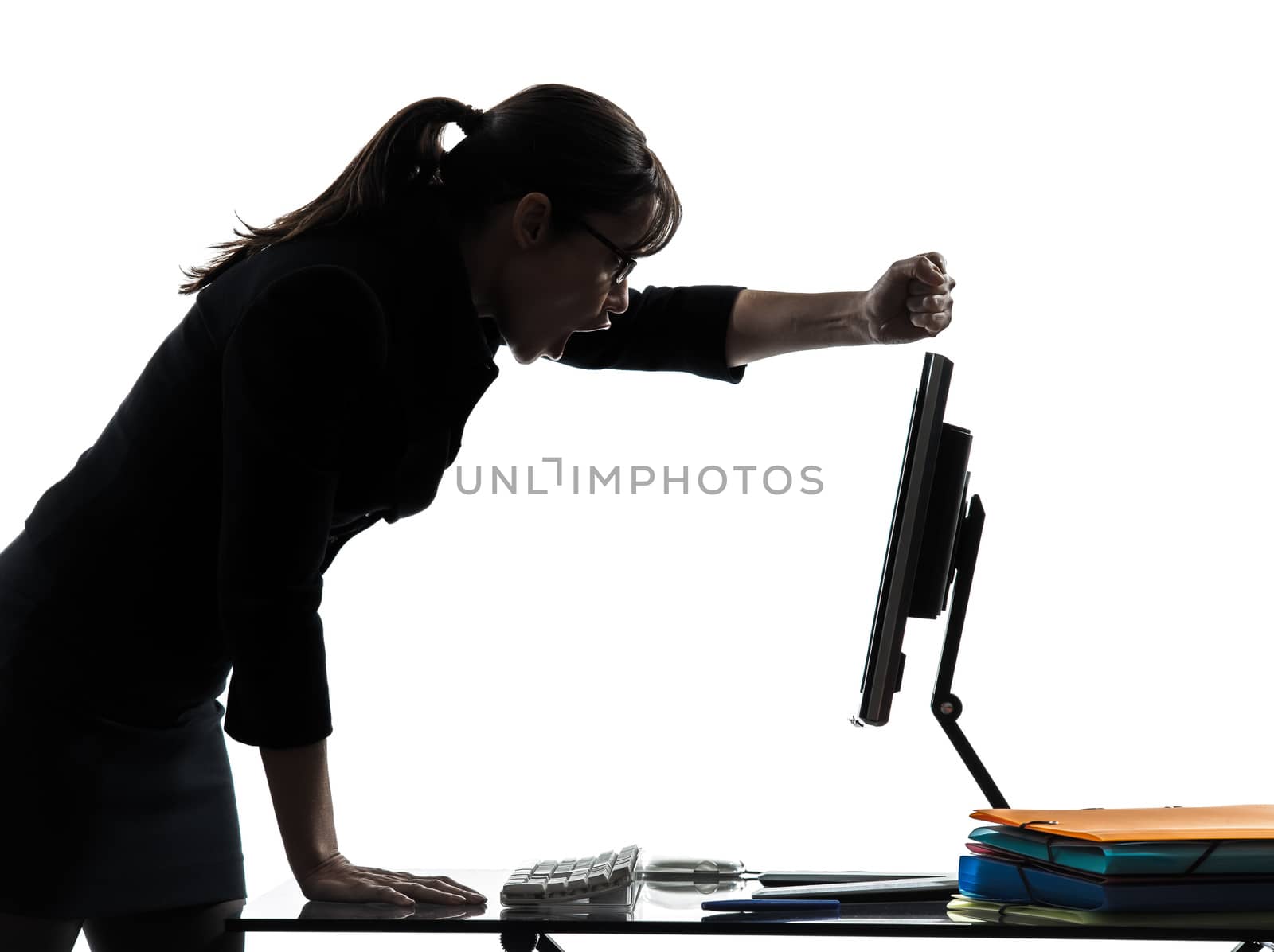 one business woman computer failure breakdown   silhouette studio isolated on white background