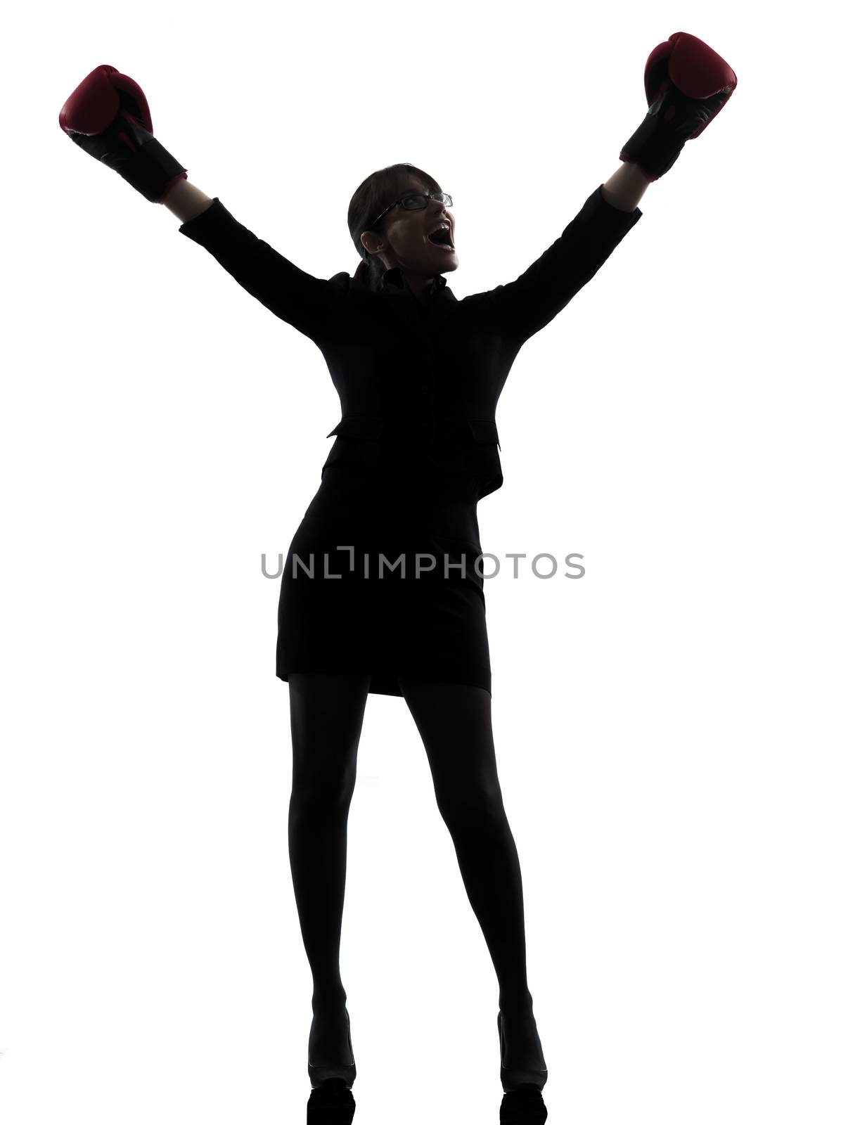 one business woman with boxing gloves  silhouette studio isolated on white background