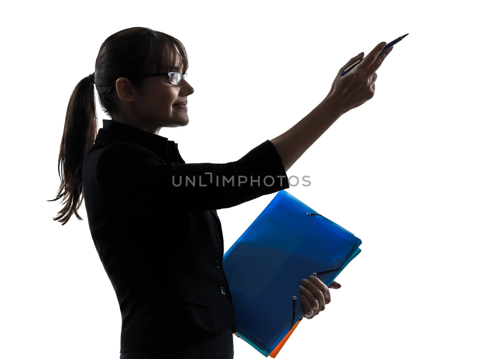 one business woman showing pointing  holding folders files  silhouette studio isolated on white background