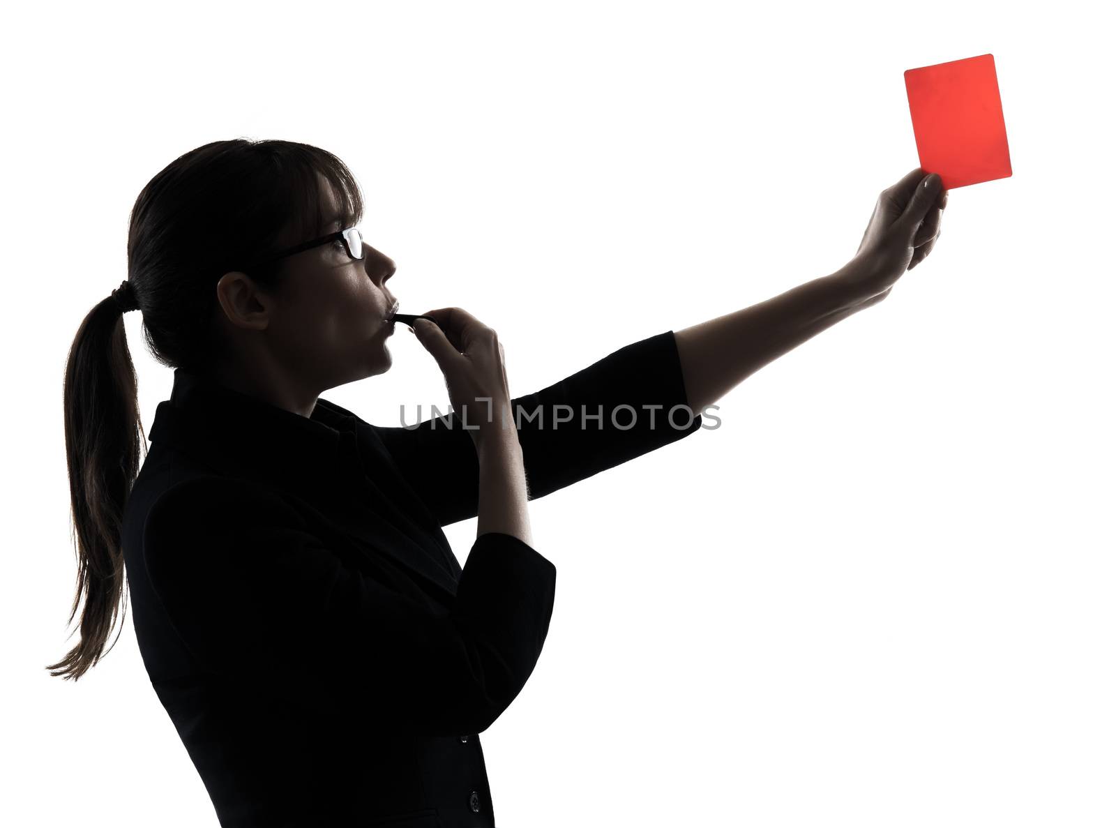 business woman whistling showing red card silhouette by PIXSTILL