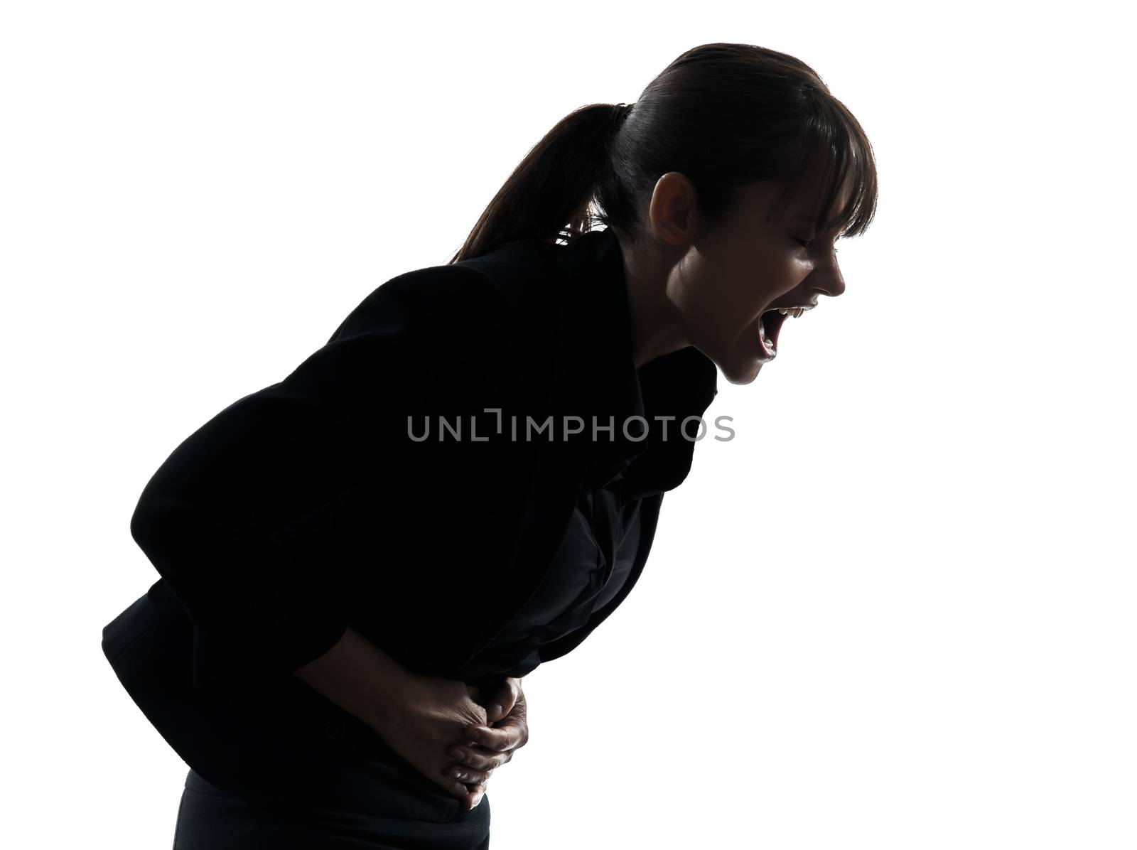 one woman stomach pain cramp silhouette studio isolated on white background
