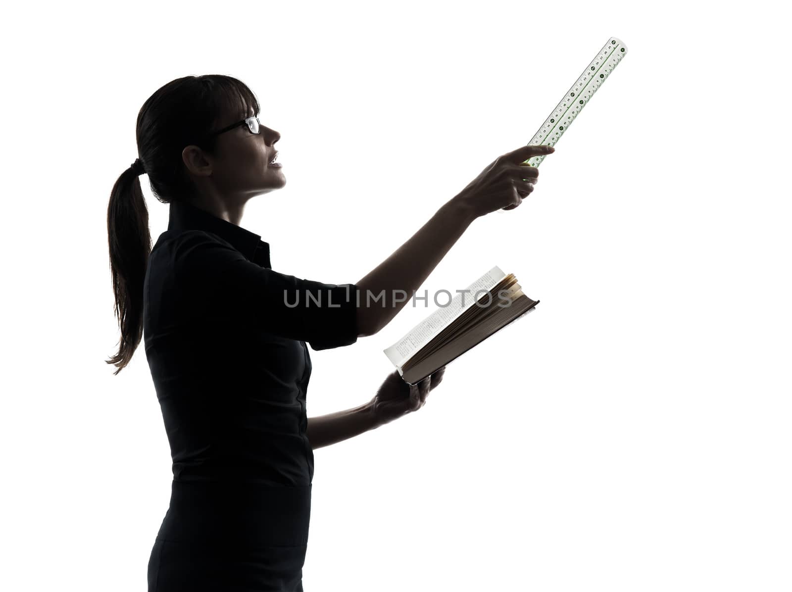 one business woman teacher presentation holding  ruler  silhouette studio isolated on white background