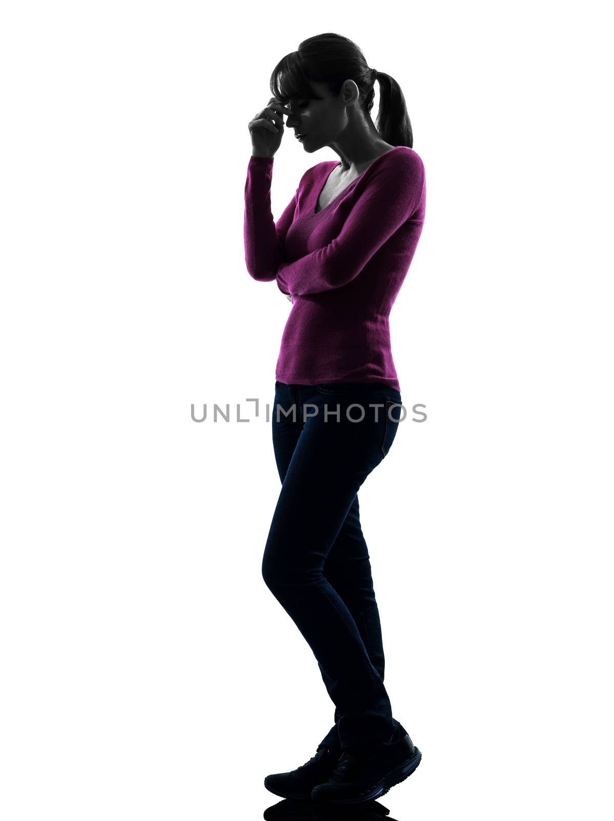 one caucasian woman thinking sadness in full length silhouette studio isolated on white background