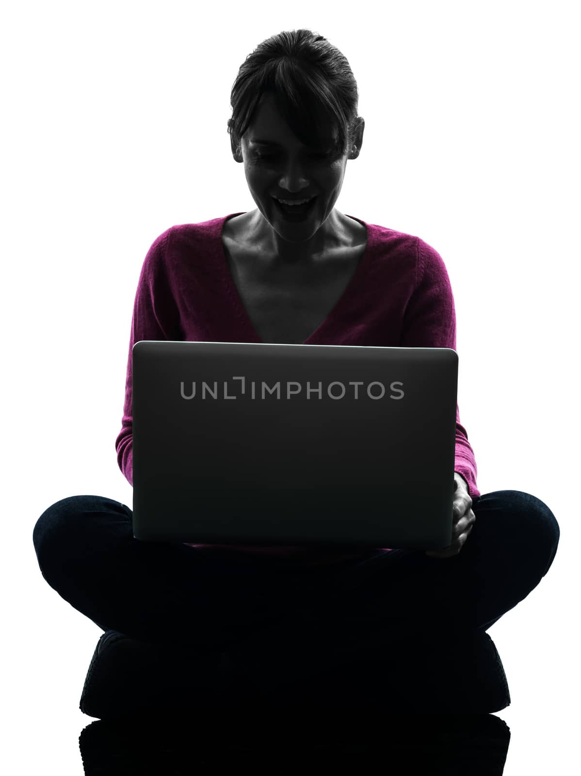 woman happy smiling computing laptop computer silhouette by PIXSTILL