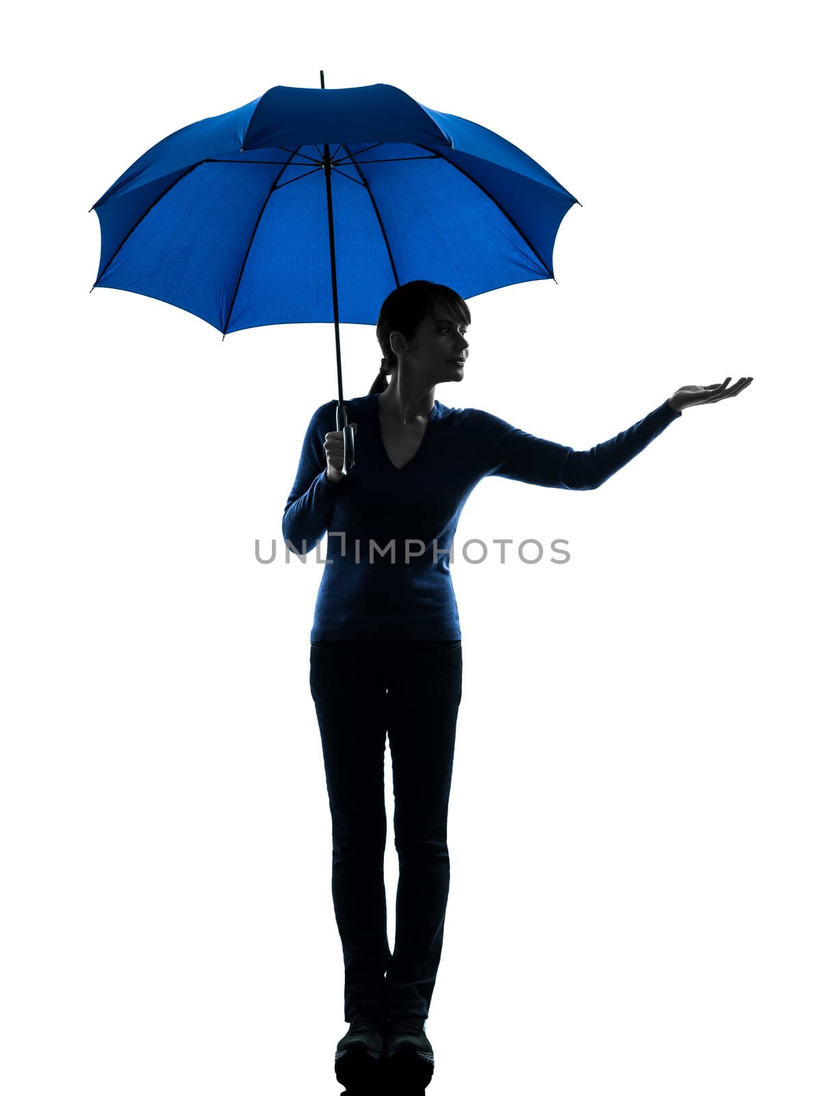 one caucasian woman holding umbrella umbrella palm gesture   in silhouette studio isolated on white background