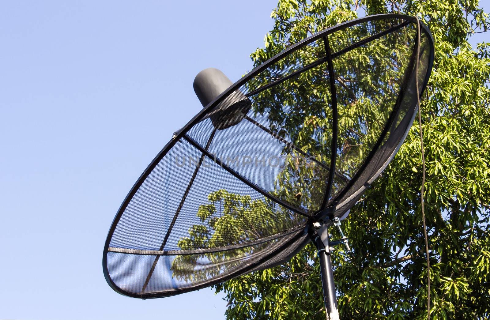 Satellite dish and cloudy blue sky background  and tree behind