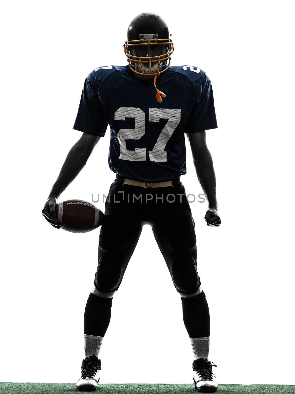 one caucasian quarterback american football player man in silhouette studio isolated on white background