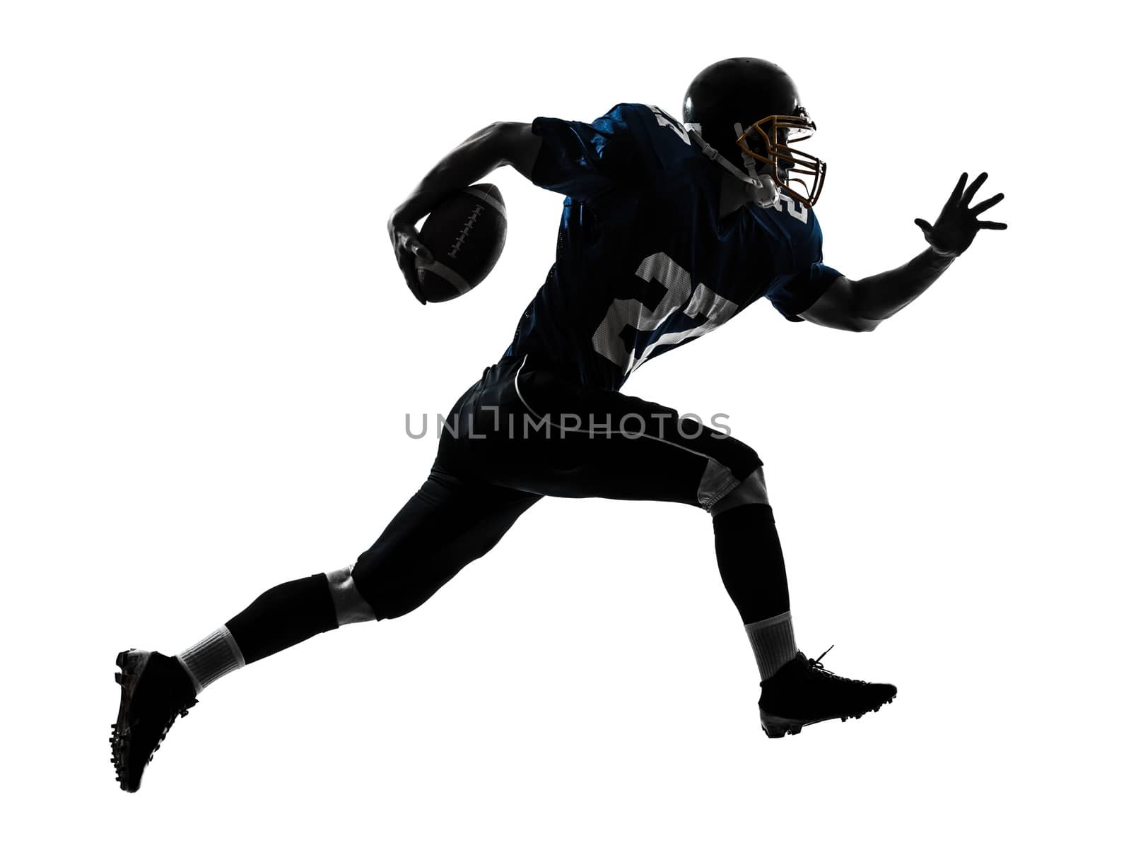 one caucasian american football player man running   in silhouette studio isolated on white background