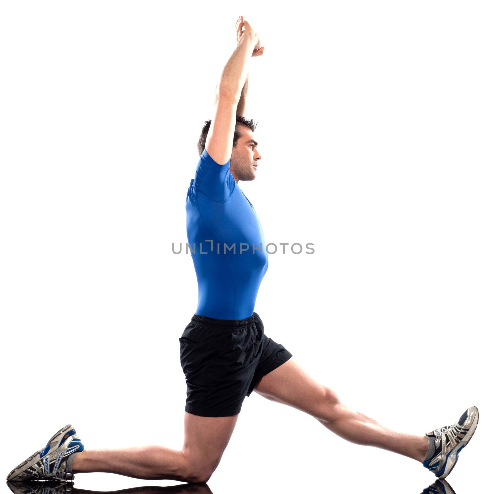 stretching workout posture by a man on studio white background
