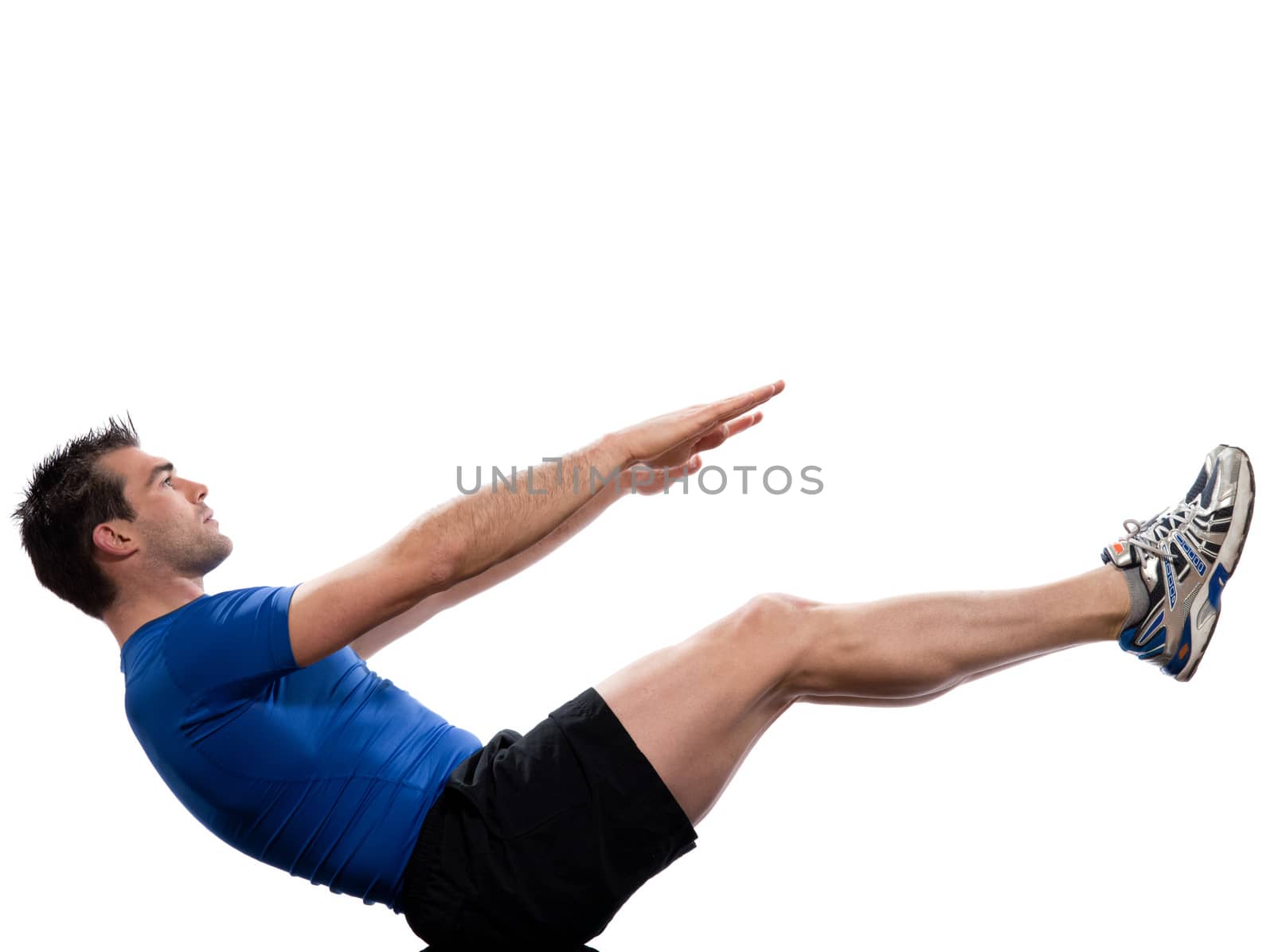 man on Abdominals workout posture on white background.
Spice it up. This time bring your thighs to vertical and bend your knees to 45 degrees.

Now lift the shoulders from the floor, and keep the abdominal muscles continuously contracted. Lift your hands from the mat with the palms still facing down and keep your arms straight. Raise your hands up a couple of inches and push them down hard. Perform this motion rhythmically for one hundred arm movements, about twice every second. It's easier if you imagine that you're repeatedly tapping on an invisible pillow, while never touching the mat. Remember to keep the small of your back against the floor.

When breathing, exhale slowly through pursed lips, count five arm movements, and inhale. If you're doing the exercise correctly, you'll notice that every time you push the hands down, the contraction of the muscles helps push the air out.