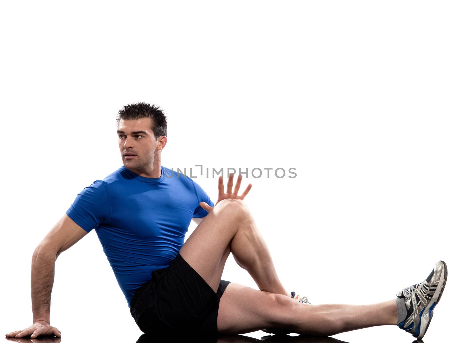 man on Abdominals rotation workout posture on white background.
Sit up, straighten one leg and bend the other one. Hold the knee and bring it towards you for 10-20 seconds. Release and switch.