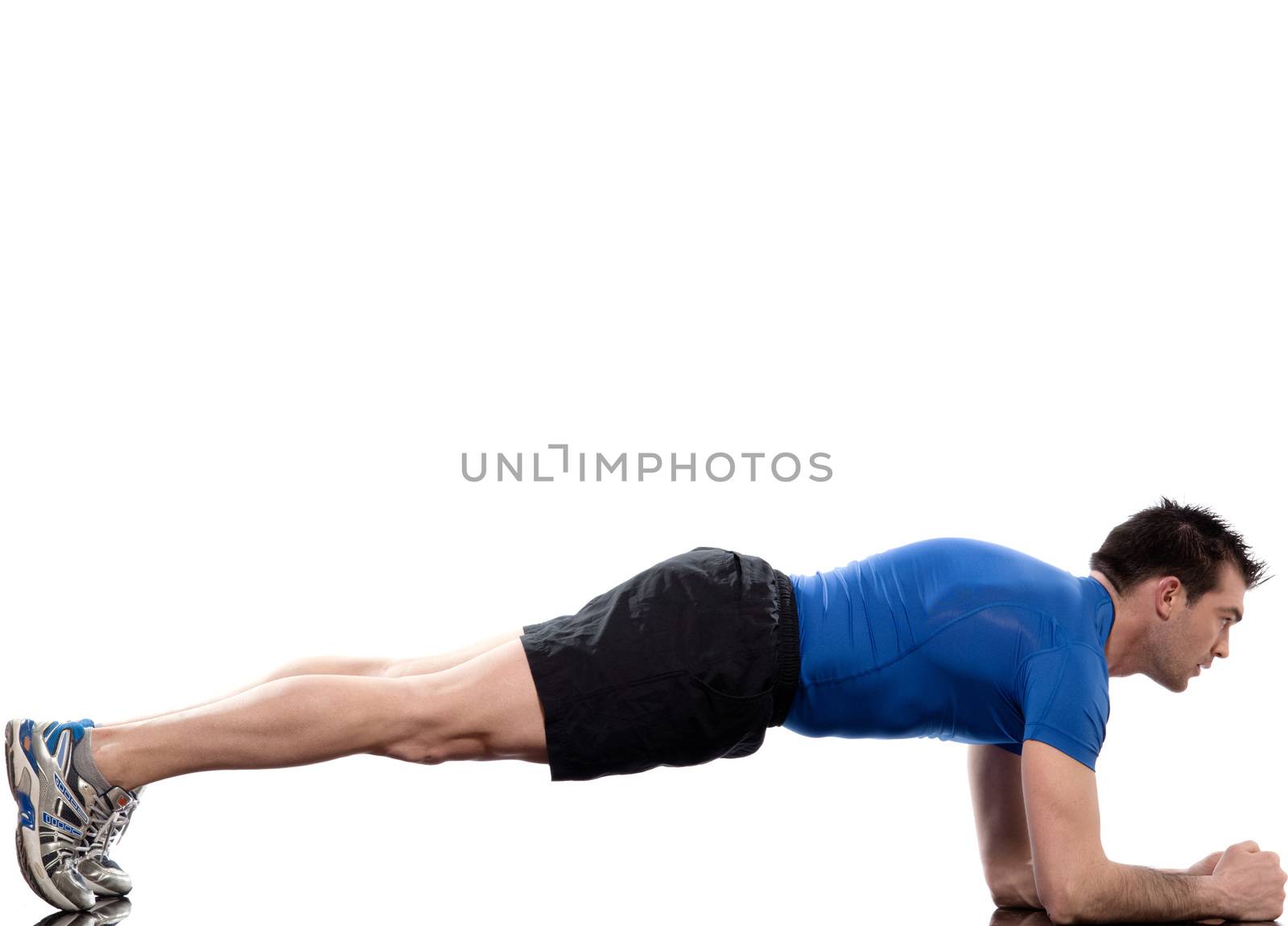 man on Abdominals workout Basic Plank posture on white background