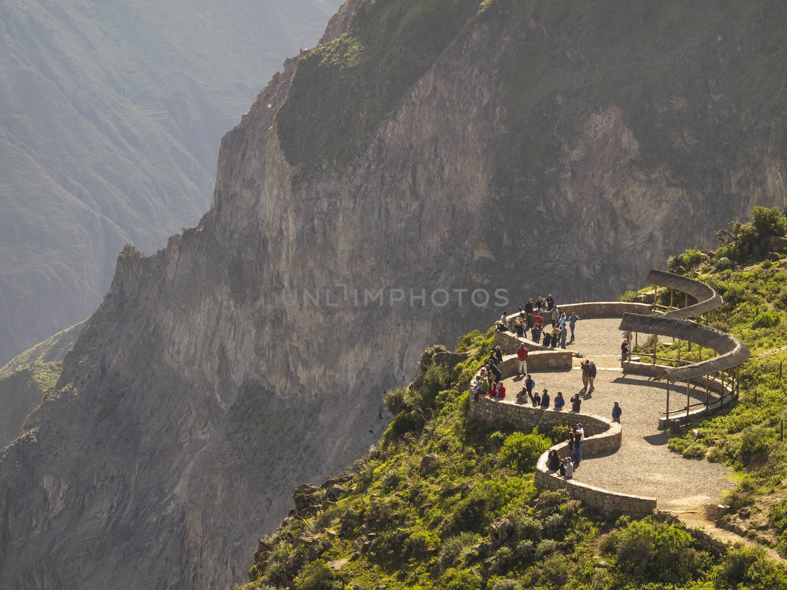 AREQUIPA, PERU - MAR 12: Colca canyon Condor view point on Mar 12, 2011 in Arequipa, Peru. Tourists from around the world arrive this site every day to see the condors flying over the Colca canyon.