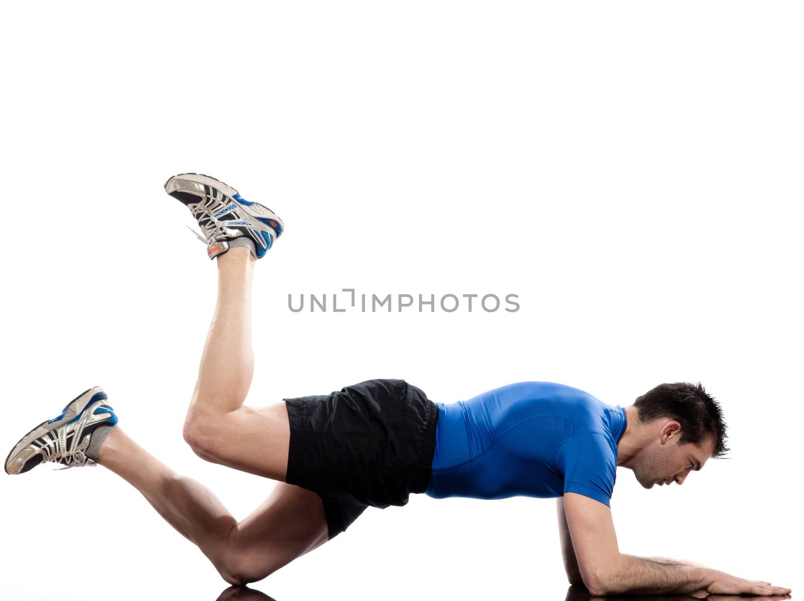 man on Abdominals workout posture on white background.
Plank
Bent Leg Raise