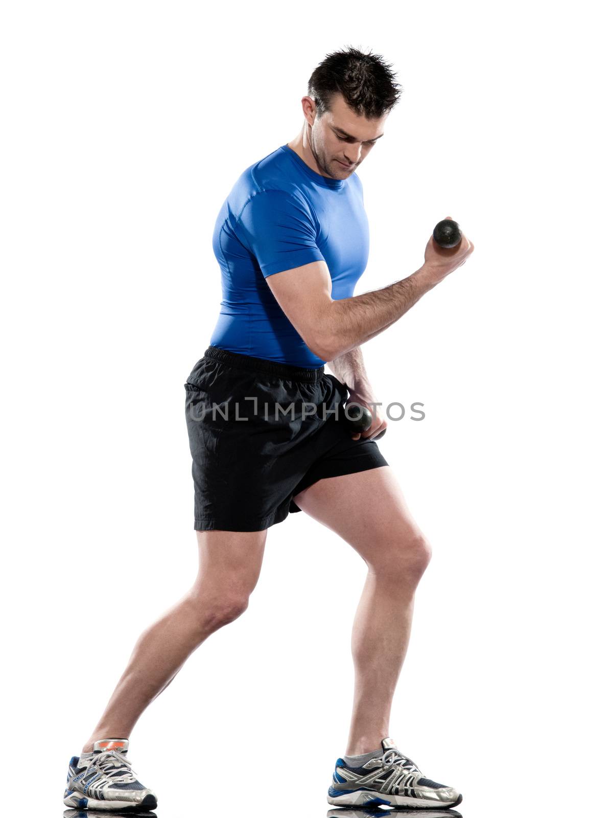 man doing biceps workout on white isolated background