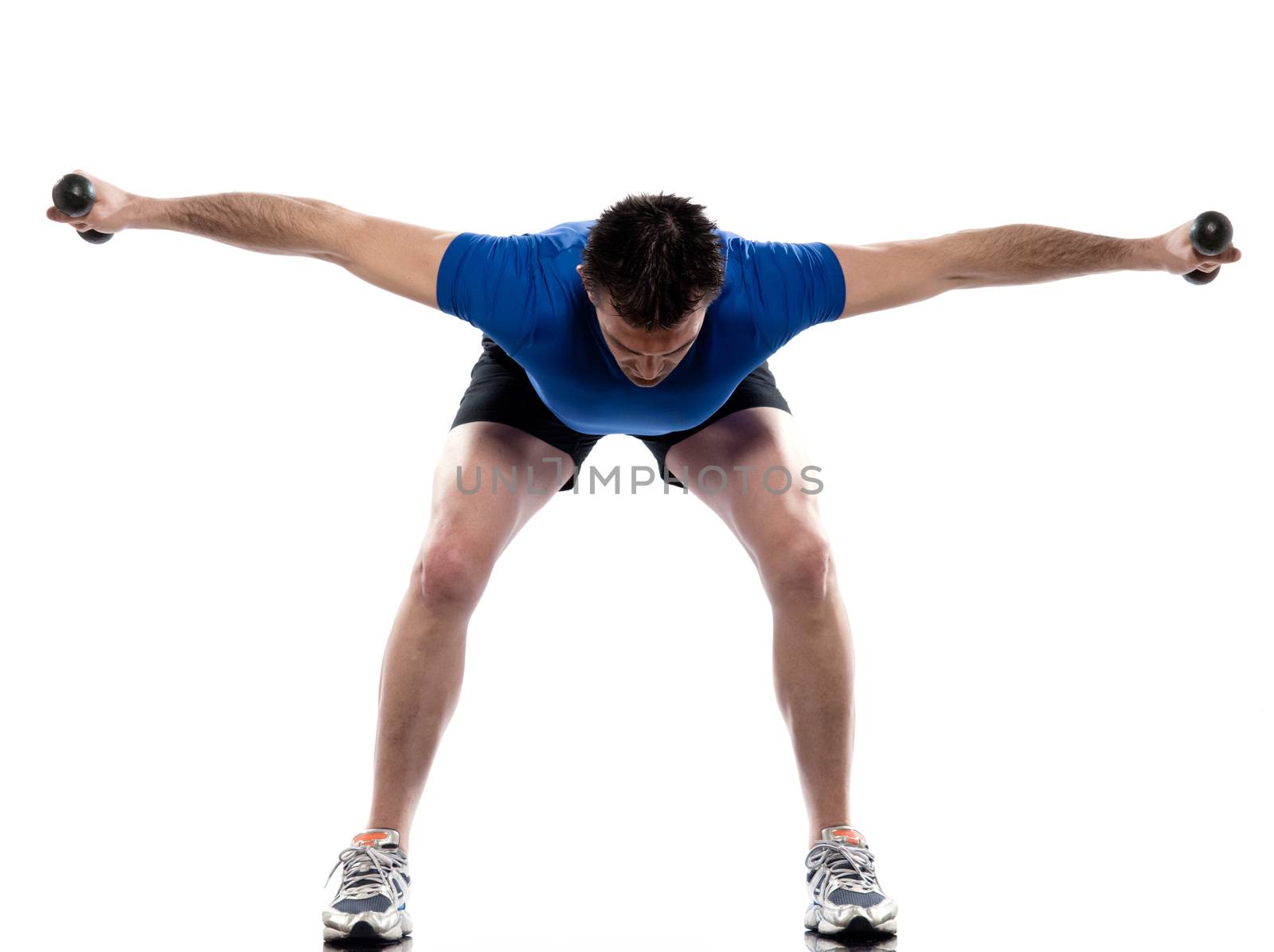 man exercising workout on white background with weights