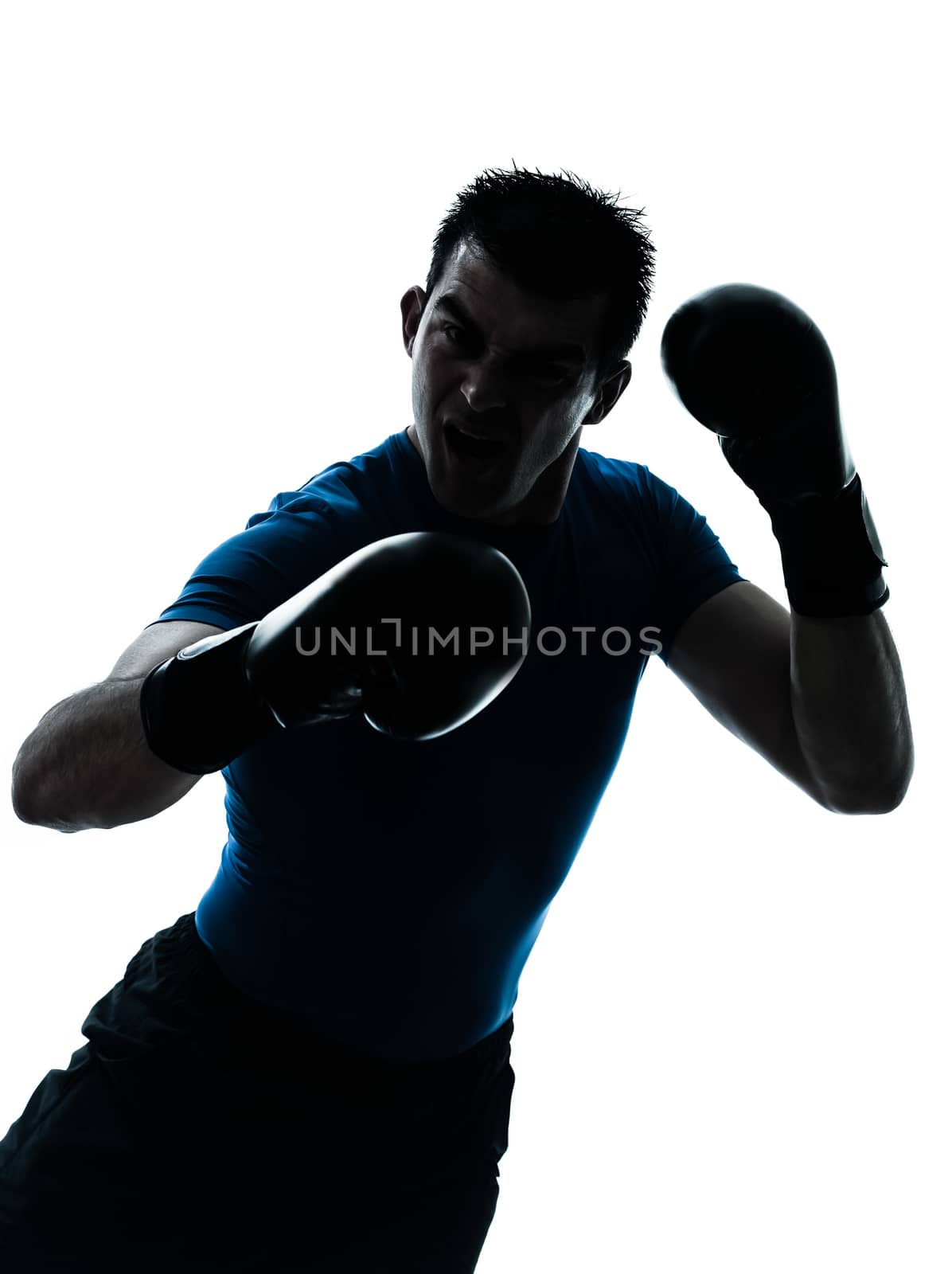 one caucasian man exercising boxing boxer  workout fitness in silhouette studio  isolated on white background