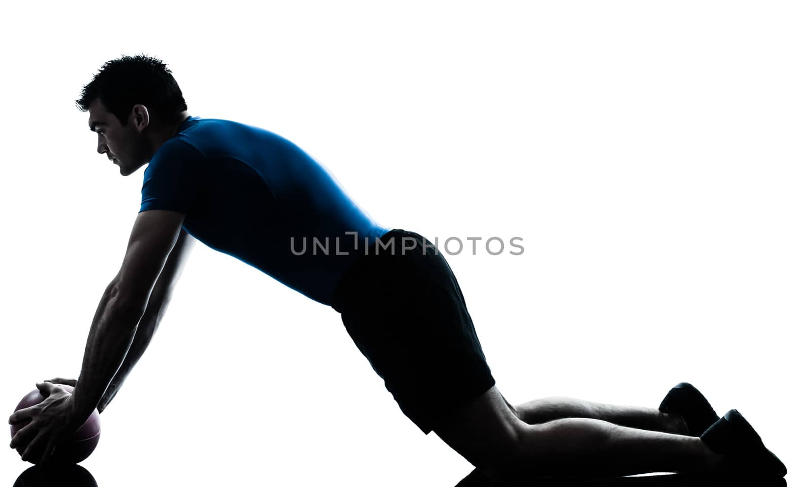 one caucasian man exercising workout holding fitness ball posture in silhouette studio  isolated on white background