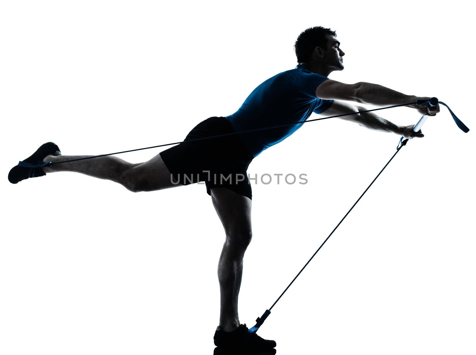 one caucasian man exercising gymstick workout fitness in silhouette studio  isolated on white background