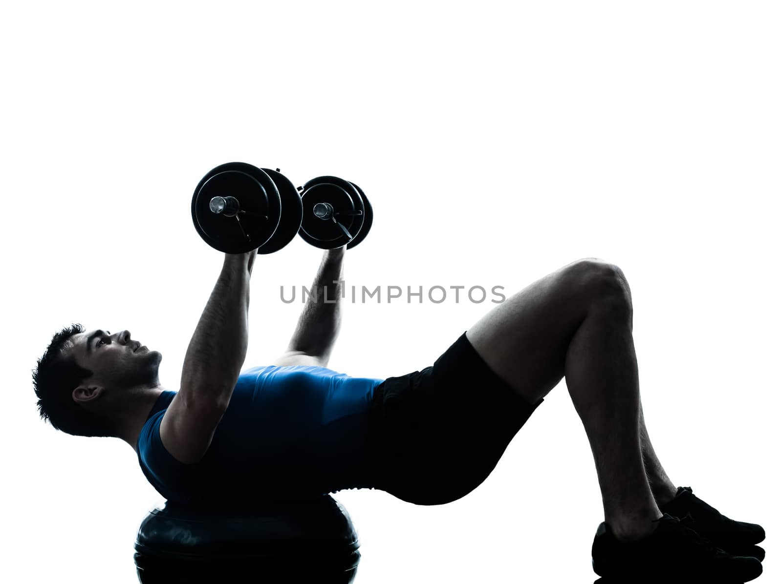 one caucasian man exercising weight training on bosu workout fitness in silhouette studio  isolated on white background