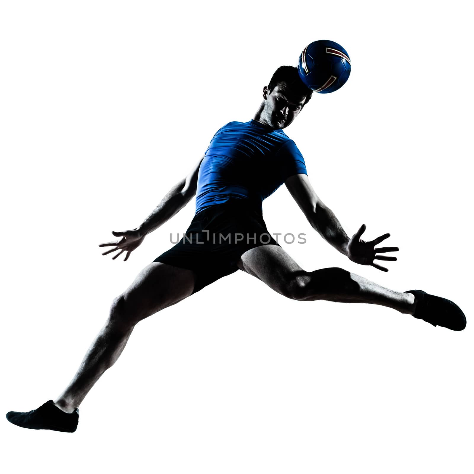 one caucasian man heading playing soccer football player silhouette  in studio isolated on white background