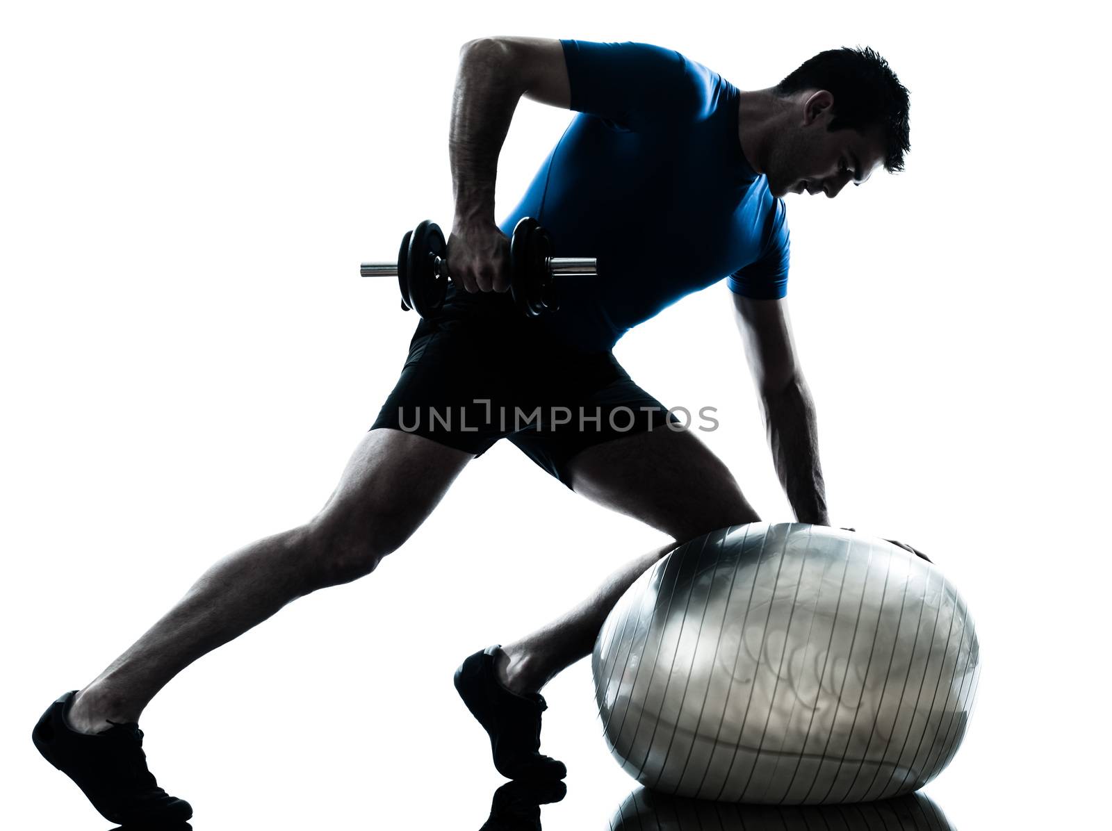 one caucasian man exercising weight training workout fitness in silhouette studio  isolated on white background