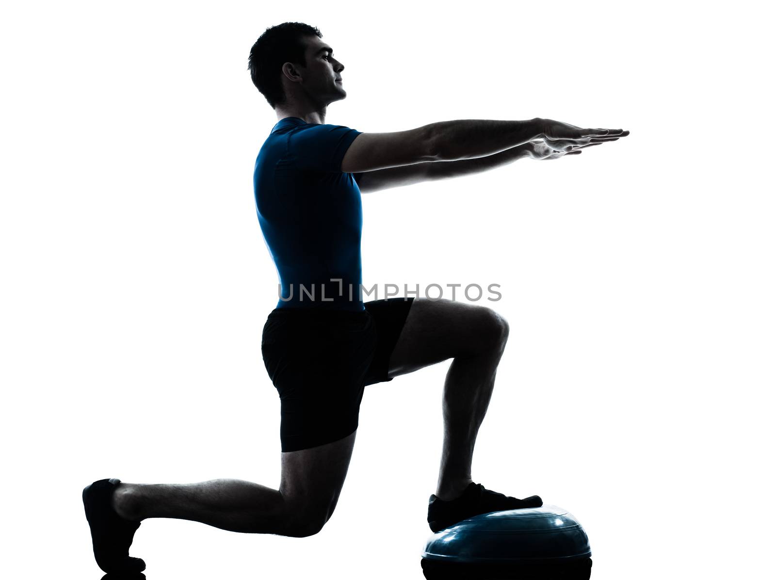 one caucasian man exercising bosu workout fitness in silhouette studio  isolated on white background