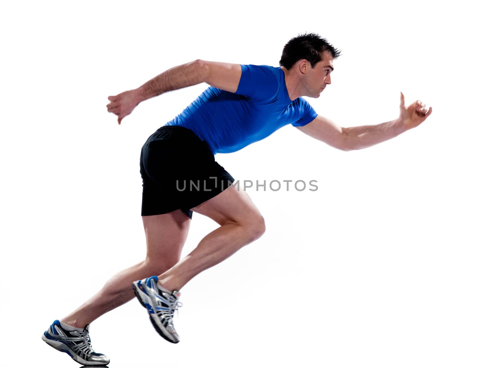 man profile running sprinting full length on studio white isolated background