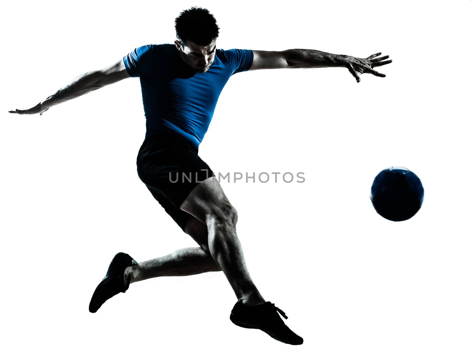 one caucasian man flying kicking playing soccer football player silhouette  in studio isolated on white background