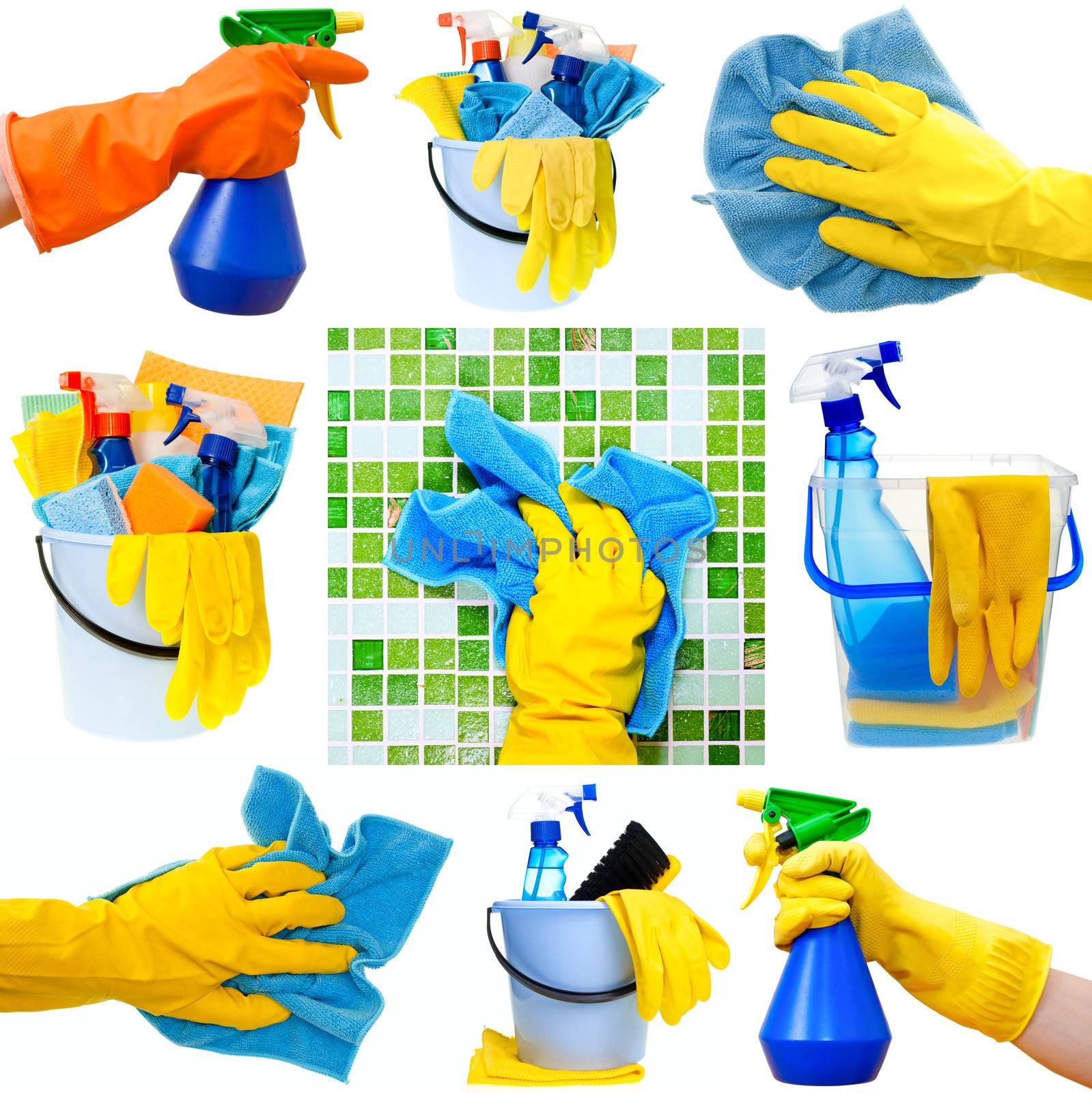 Collection of cleaning supplies on white background