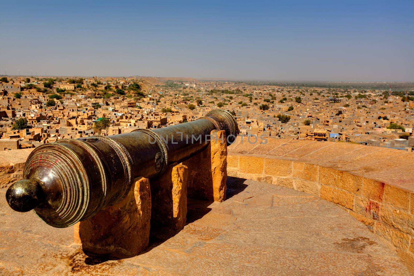 cannon protecting jaisalmer in rajasthan state in india