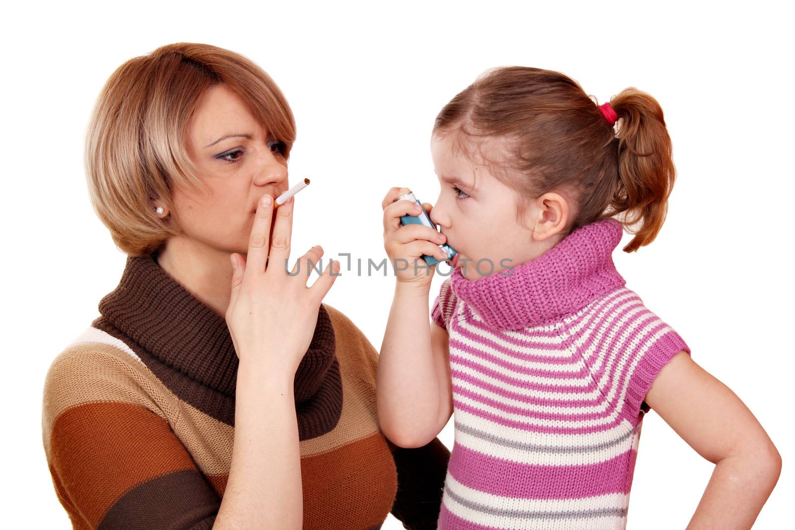 woman with cigarette and little girl with asthma inhaler by goce