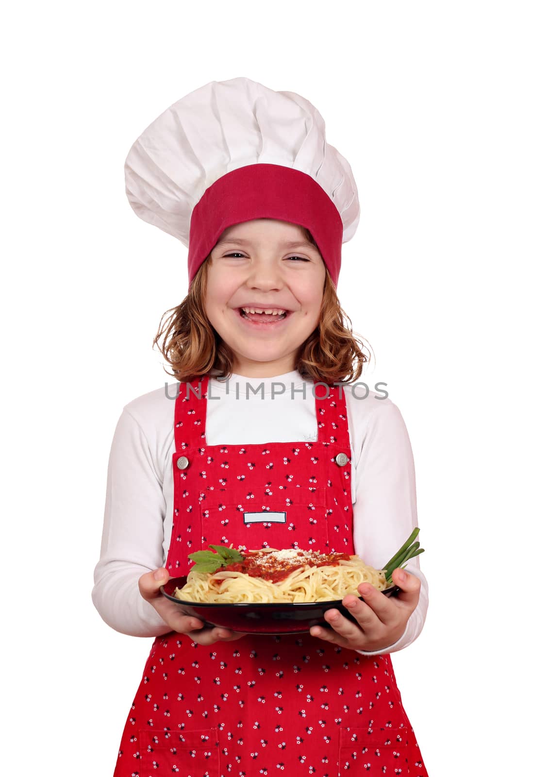 beautiful happy little girl cook with spaghetti by goce