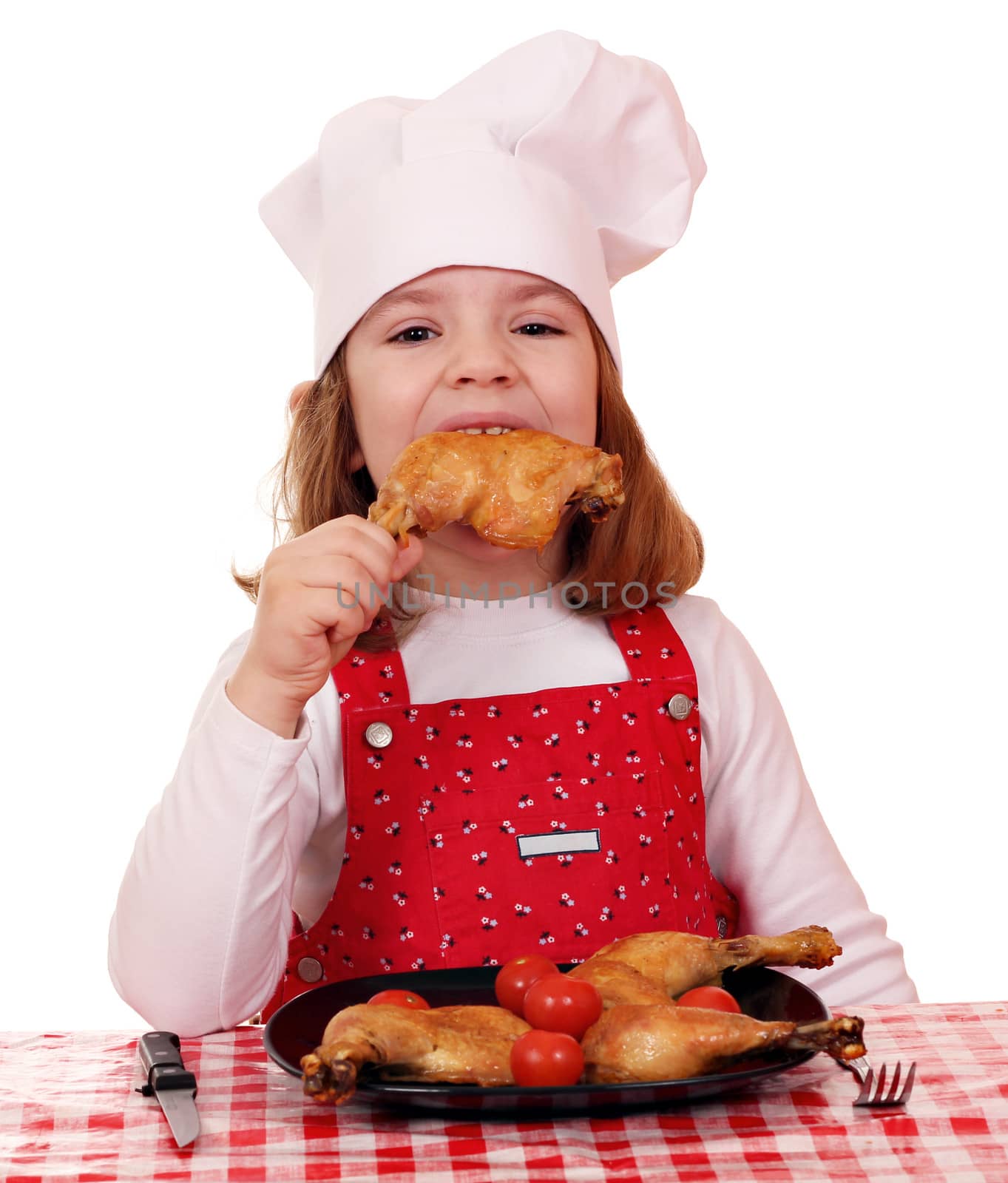 hungry little girl cook eat chicken drumstick  by goce