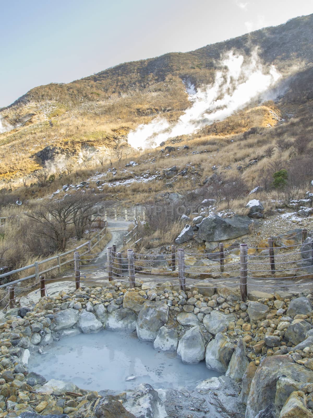 Hot Spring content at Owakudani, sulfur quarry in Hakone, Japan