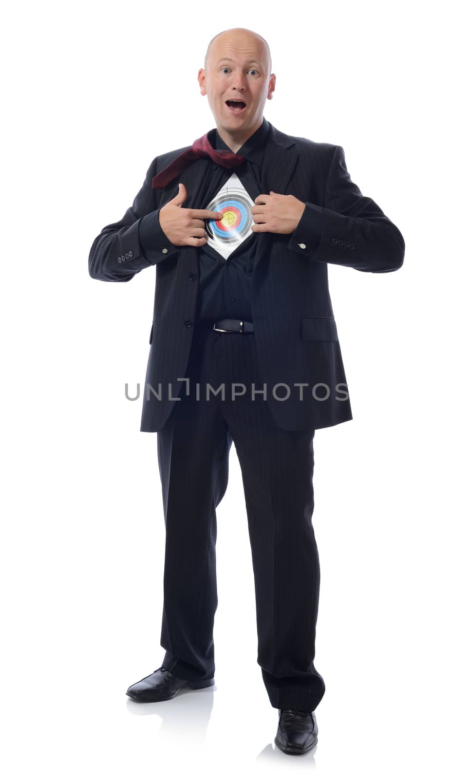 A businessman pulling back his skirt to reveal a target symbol. 