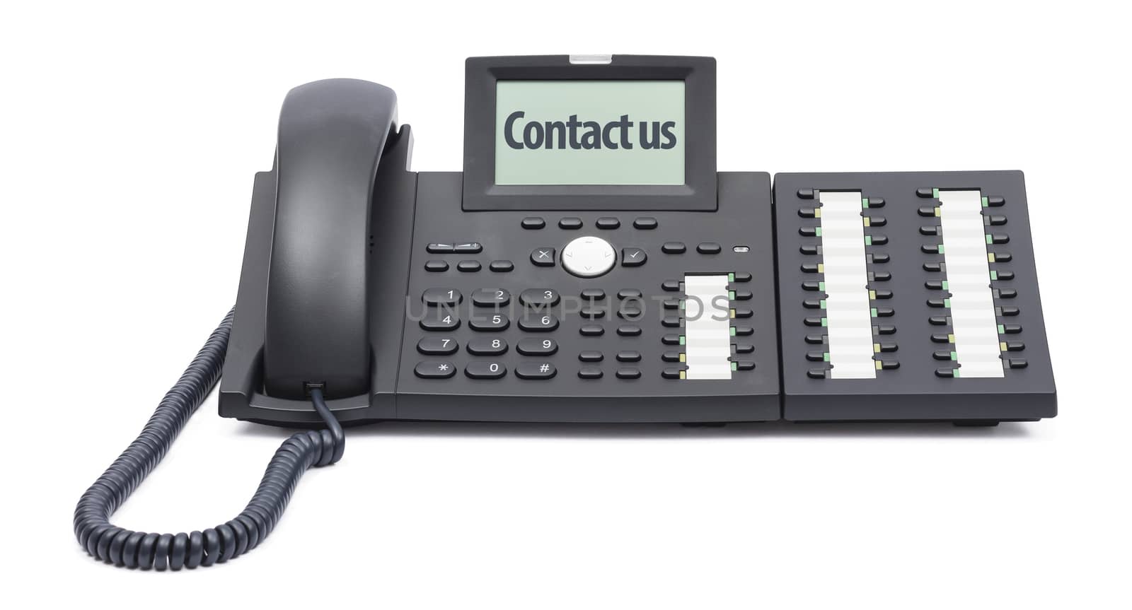 modern business phone on white background with the words -contact us - in the display