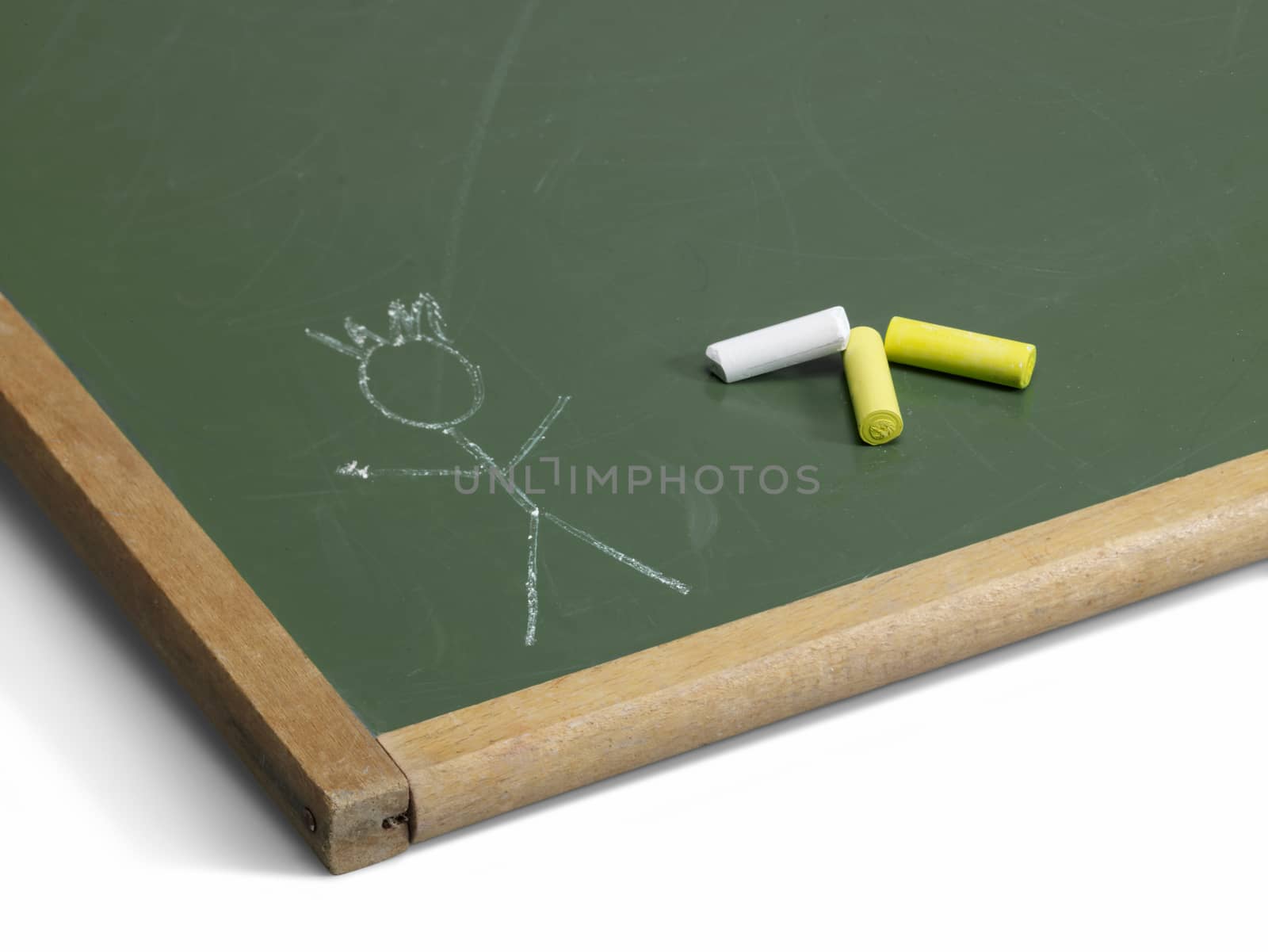 edge of a old used blackboard on the ground with crayon-painted stick man and crayons on it. Studio shot in white back with shadow