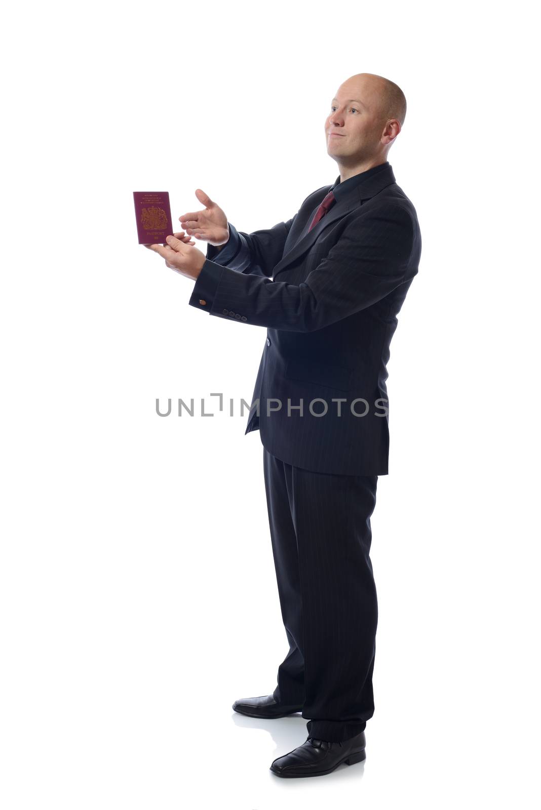 full portrait of buisnessman presenting a passort isolated on white