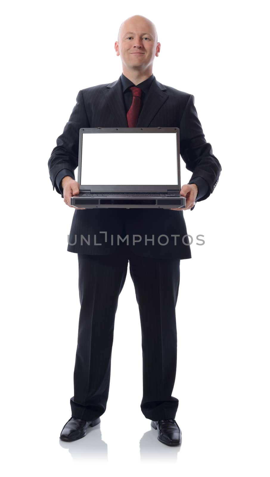 man in suit with laptop isolated on white 