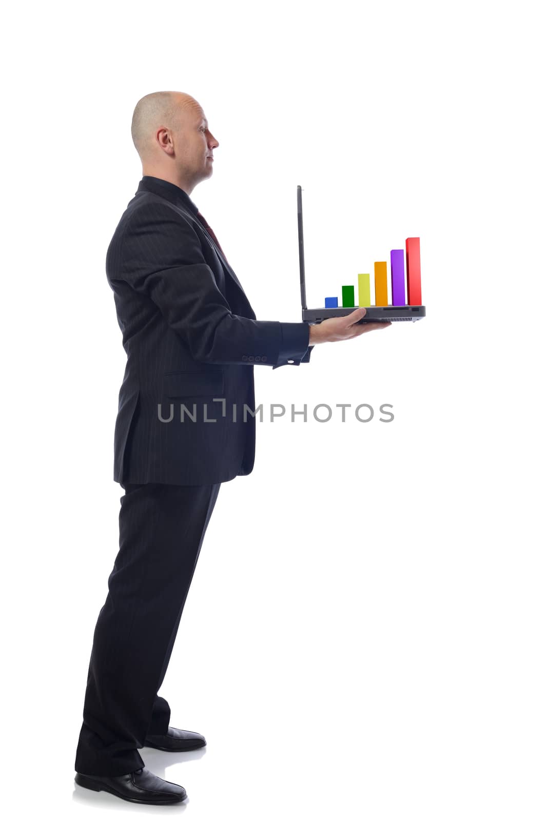 man presenting laptop growth chart  in side view on white background 