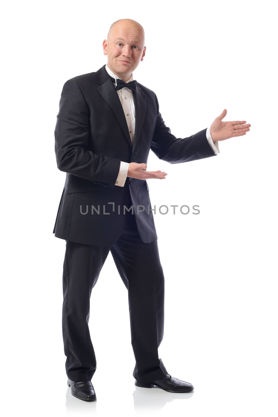 Portrait of handsome male professional presenting your product over white background 