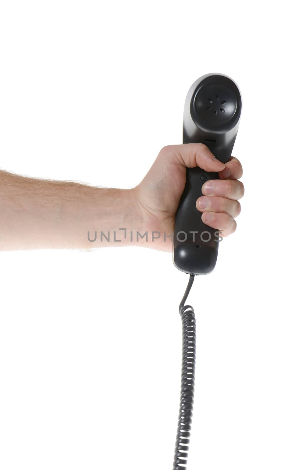 hand holding out landline phone handset isolated on white